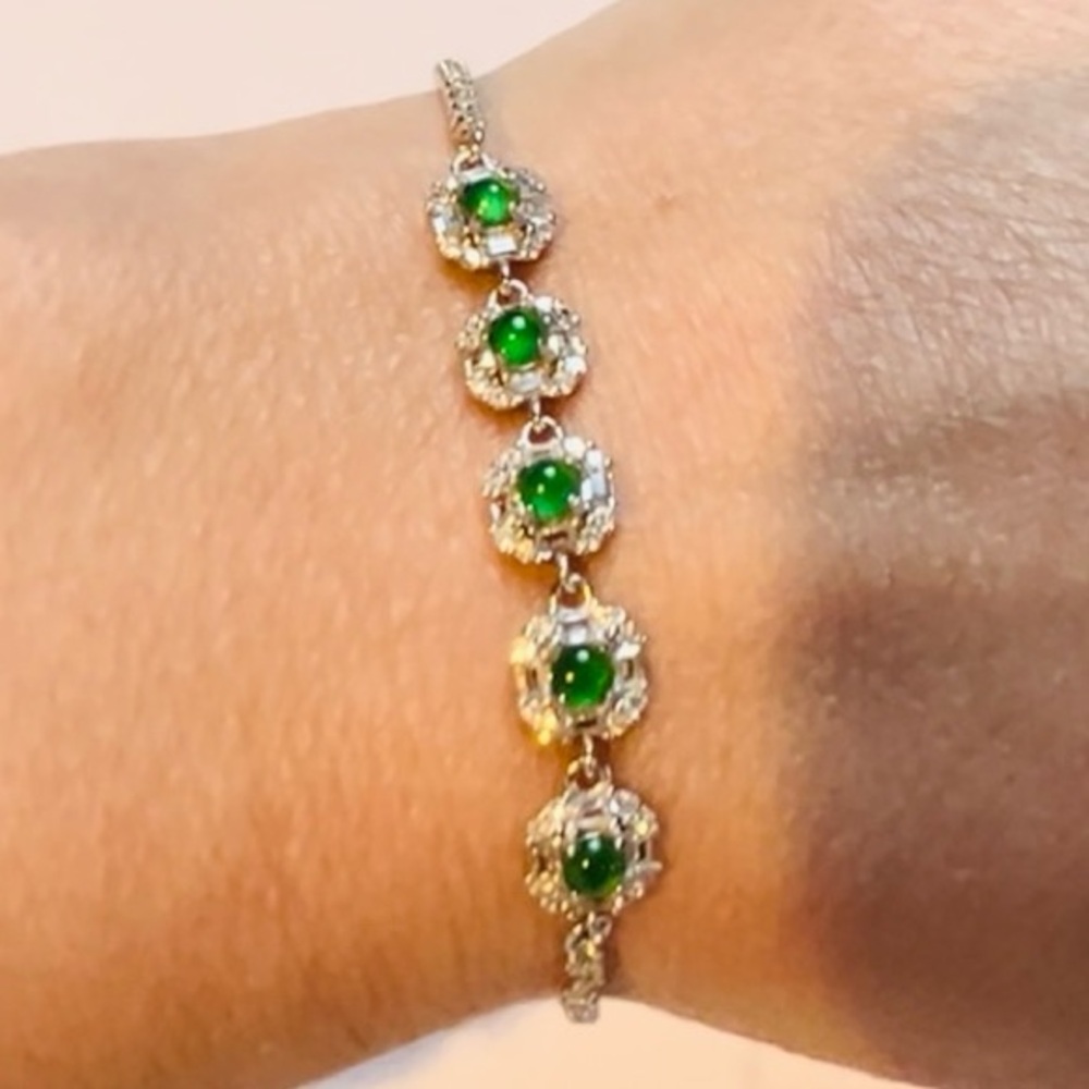 BJ4  Natural GRADE A Apple Green Jadeite Jade Bracelet Rhodium Sterling Silver